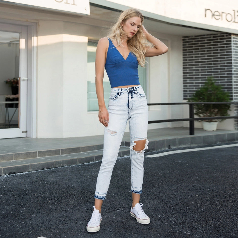 Mid Rise Distressed Mom Jeans with Raw Hem LIGHT BLUE-Jeans-BAYEAS-24-LIGHT BLUE-Urbanheer