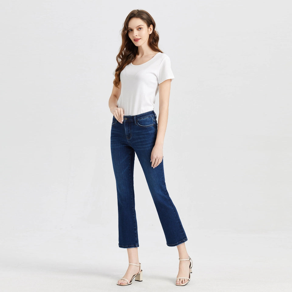 Mid Rise Flare Jeans with Finished Hem DARK BLUE-Jeans-BAYEAS-24-DARK BLUE-Urbanheer