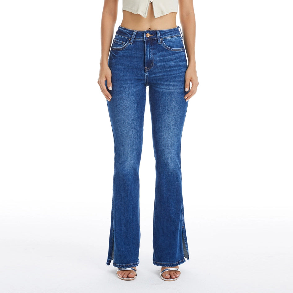 Mid Rise Flare Jeans with Finished Hem(Slit) INDIGO ROCK-Jeans-BAYEAS-24-INDIGO ROCK-Urbanheer
