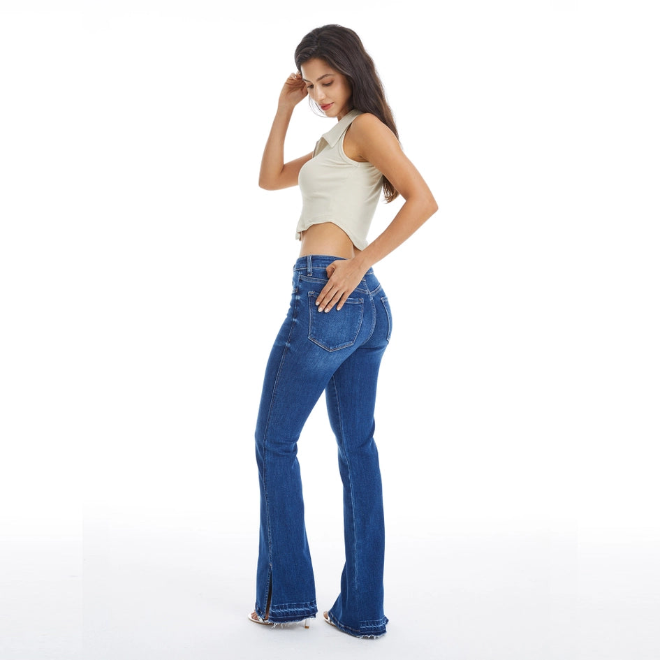 Mid Rise Flare Jeans with Finished Hem(Slit) INDIGO ROCK-Jeans-BAYEAS-24-INDIGO ROCK-Urbanheer