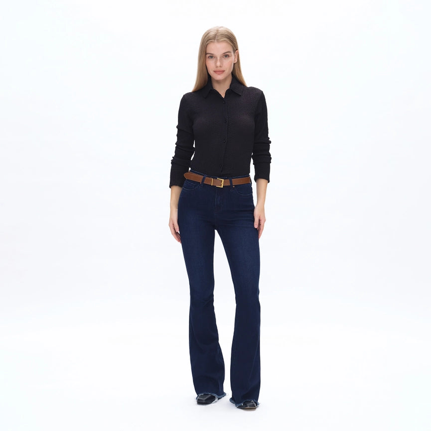 Mid Rise Flare Jeans with Frayed Hem DEEP WATER-Jeans-BAYEAS-24-DEEP WATER-Urbanheer
