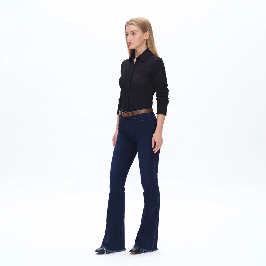 Mid Rise Flare Jeans with Frayed Hem DEEP WATER-Jeans-BAYEAS-24-DEEP WATER-Urbanheer