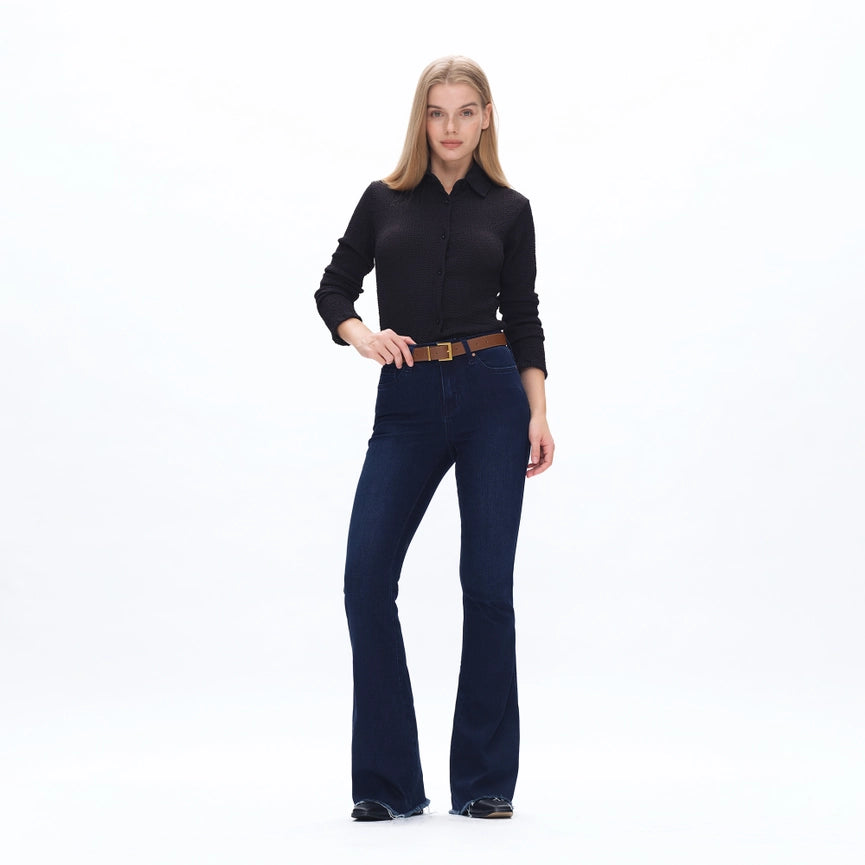 Mid Rise Flare Jeans with Frayed Hem(32'' Inseam) DEEP WATER-Jeans-BAYEAS-24-DEEP WATER-Urbanheer