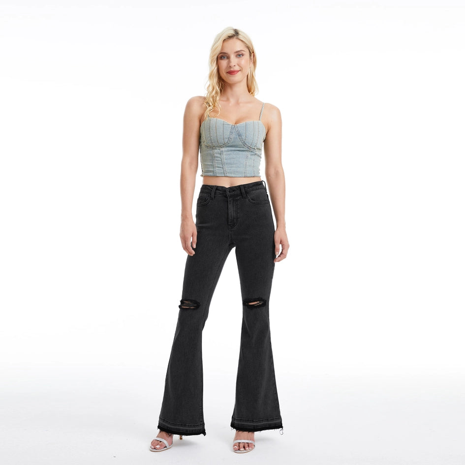 Mid Rise Flare Jeans with Raw Hem BLACK-Jeans-BAYEAS-14W-BLACK-Urbanheer