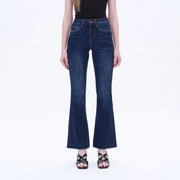 Mid Rise Flare Jeans with Raw Hem DARK BLUE-Jeans-BAYEAS-24-DARK BLUE-Urbanheer