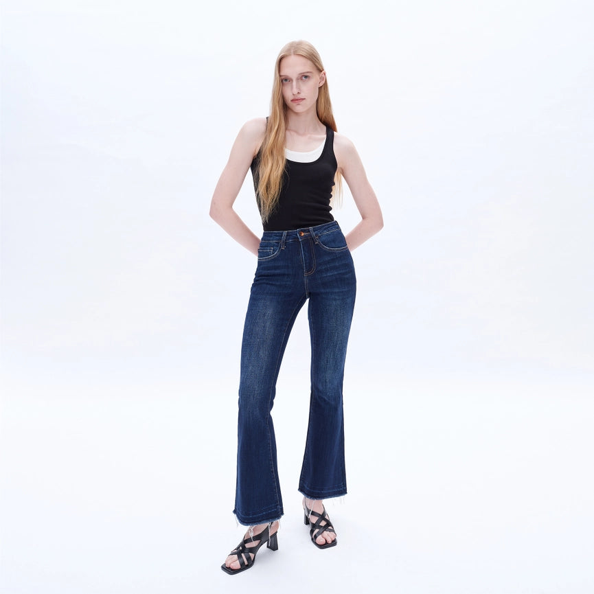 Mid Rise Flare Jeans with Raw Hem DARK BLUE-Jeans-BAYEAS-24-DARK BLUE-Urbanheer