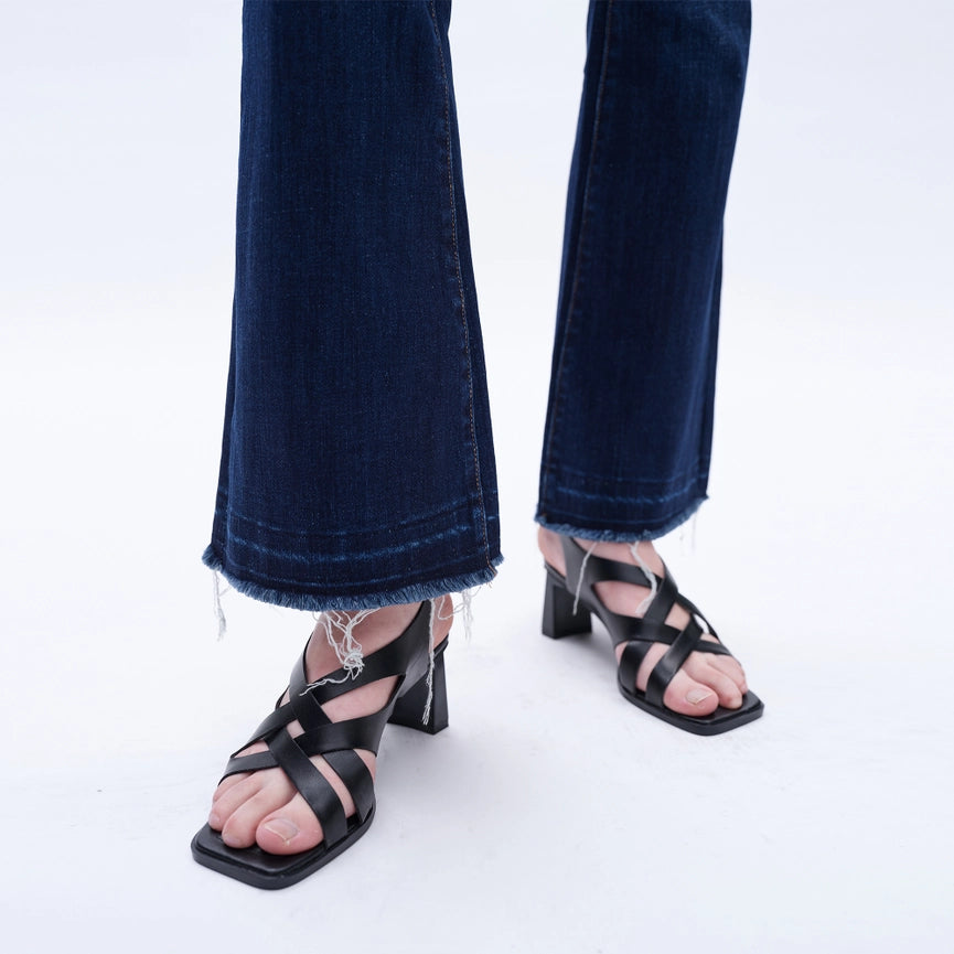 Mid Rise Flare Jeans with Raw Hem DARK BLUE-Jeans-BAYEAS-24-DARK BLUE-Urbanheer