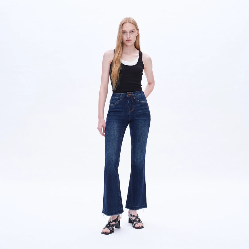 Mid Rise Flare Jeans with Raw Hem DARK BLUE-Jeans-BAYEAS-24-DARK BLUE-Urbanheer