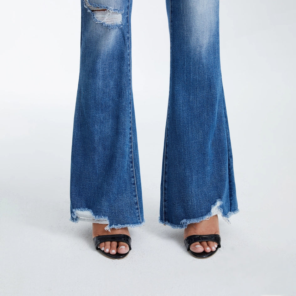 Mid Rise Flare Jeans with Raw Hem MEDIUM BLUE-Jeans-BAYEAS-24-MEDIUM BLUE-Urbanheer