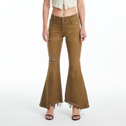 Mid Rise Flare Jeans(Frayed Hem,Button Fly)-Pants-BAYEAS-24-DARK OLIVE-Urbanheer