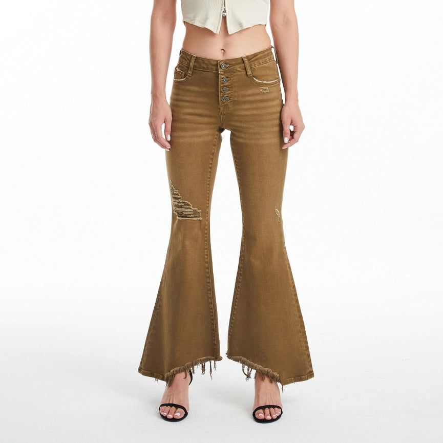 Mid Rise Flare Jeans(Frayed Hem,Button Fly)-Pants-BAYEAS-24-DARK OLIVE-Urbanheer