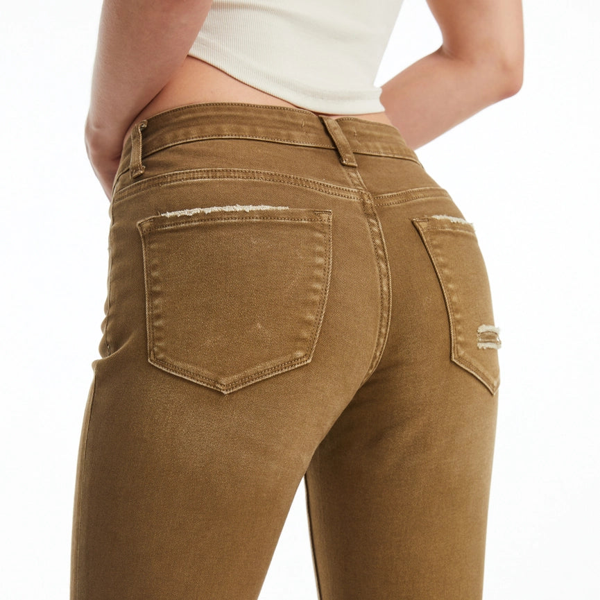 Mid Rise Flare Jeans(Frayed Hem,Button Fly)-Pants-BAYEAS-24-DARK OLIVE-Urbanheer