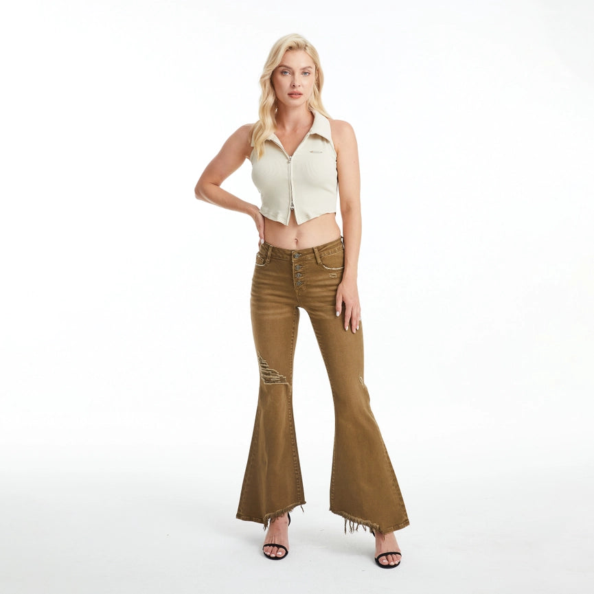 Mid Rise Flare Jeans(Frayed Hem,Button Fly)-Pants-BAYEAS-24-DARK OLIVE-Urbanheer