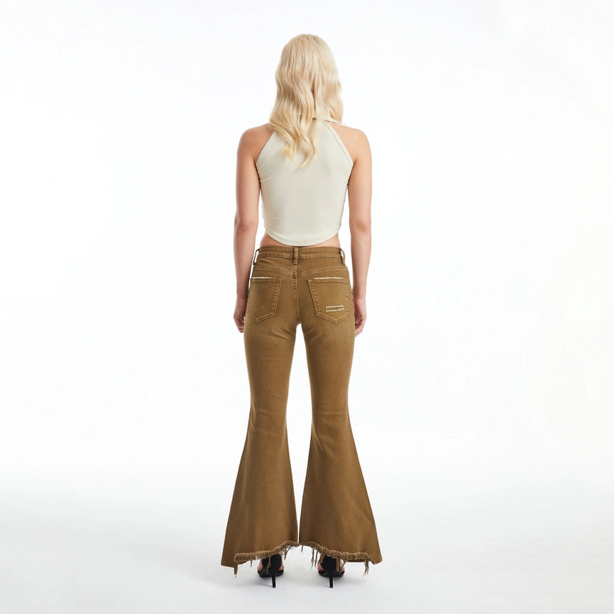 Mid Rise Flare Jeans(Frayed Hem,Button Fly)-Pants-BAYEAS-24-DARK OLIVE-Urbanheer