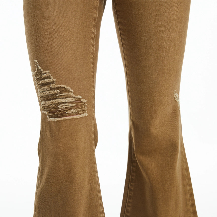 Mid Rise Flare Jeans(Frayed Hem,Button Fly)-Pants-BAYEAS-24-DARK OLIVE-Urbanheer