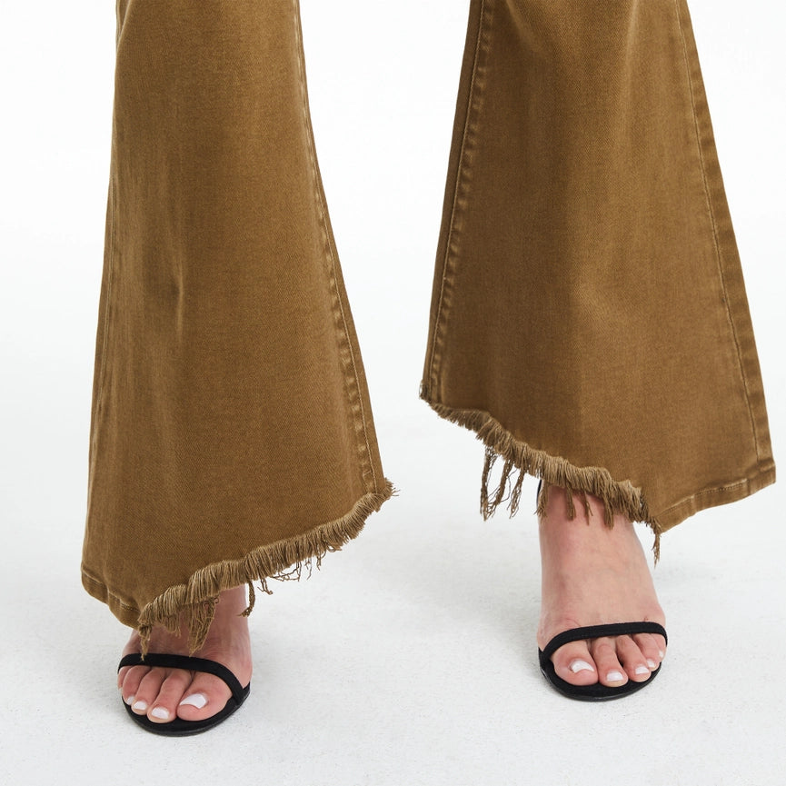 Mid Rise Flare Jeans(Frayed Hem,Button Fly)-Pants-BAYEAS-24-DARK OLIVE-Urbanheer