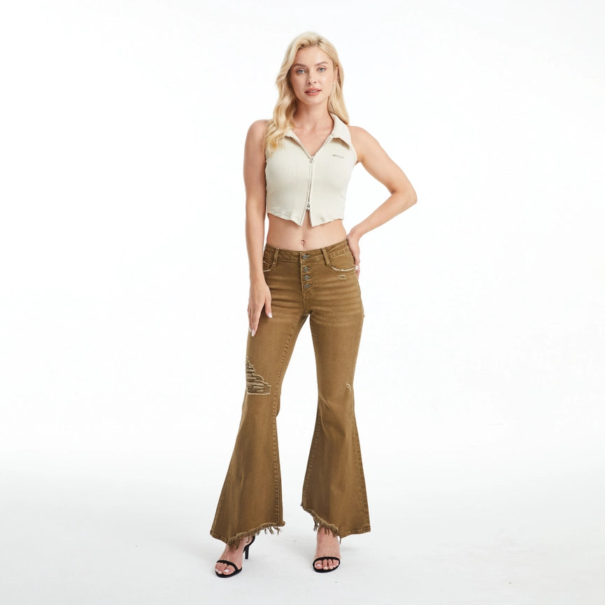 Mid Rise Flare Jeans(Frayed Hem,Button Fly)-Pants-BAYEAS-24-DARK OLIVE-Urbanheer
