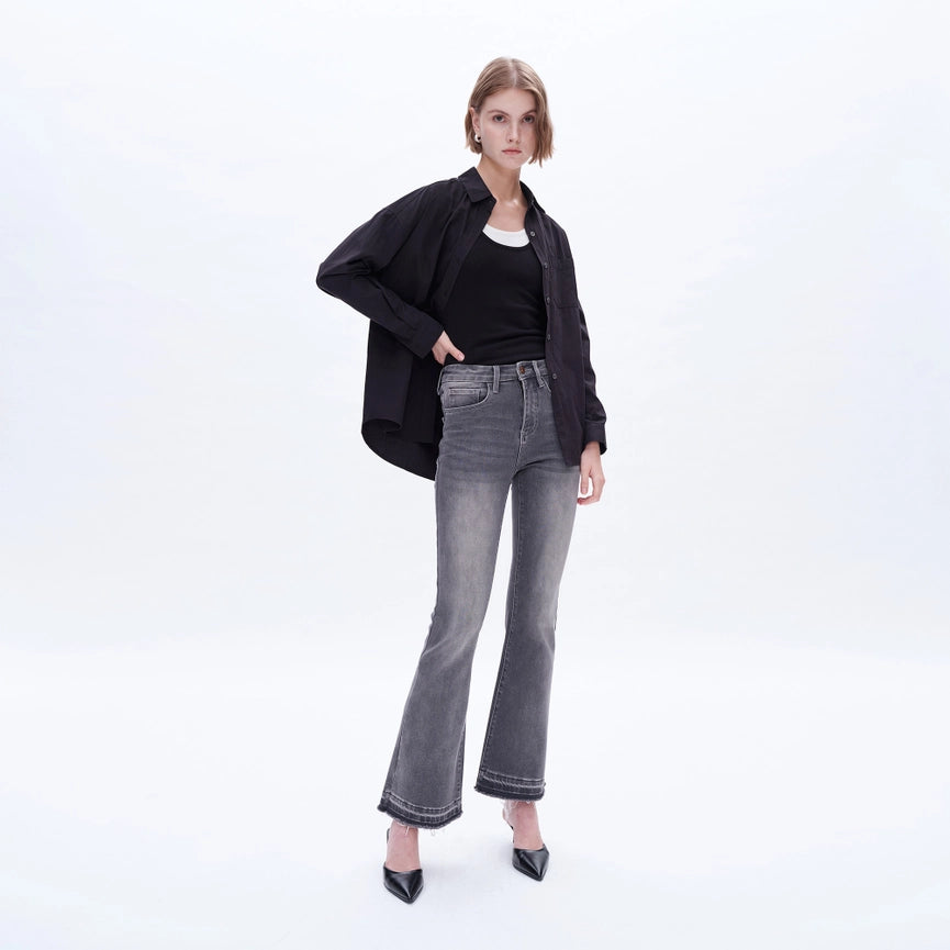 Mid Rise Flare Leg Jeans with Raw Hem GRAY-Jeans-BAYEAS-24-GRAY-Urbanheer