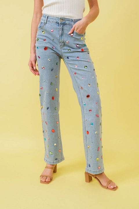 Mid Rise Rainbow Jewel Embellished Denim Jeans-Jeans-Blue B-S-LIGHT WASH-Urbanheer