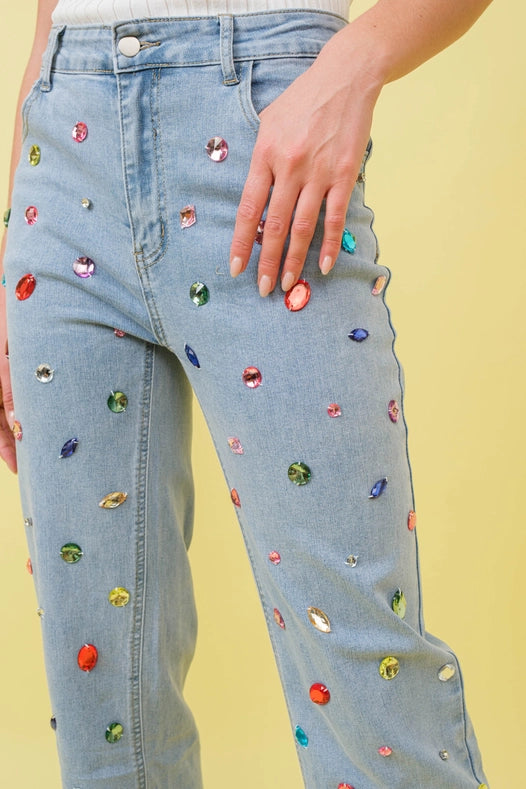 Mid Rise Rainbow Jewel Embellished Denim Jeans