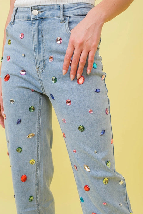 Mid Rise Rainbow Jewel Embellished Denim Jeans-Jeans-Blue B-S-LIGHT WASH-Urbanheer