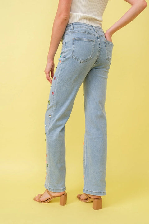 Mid Rise Rainbow Jewel Embellished Denim Jeans-Jeans-Blue B-S-LIGHT WASH-Urbanheer