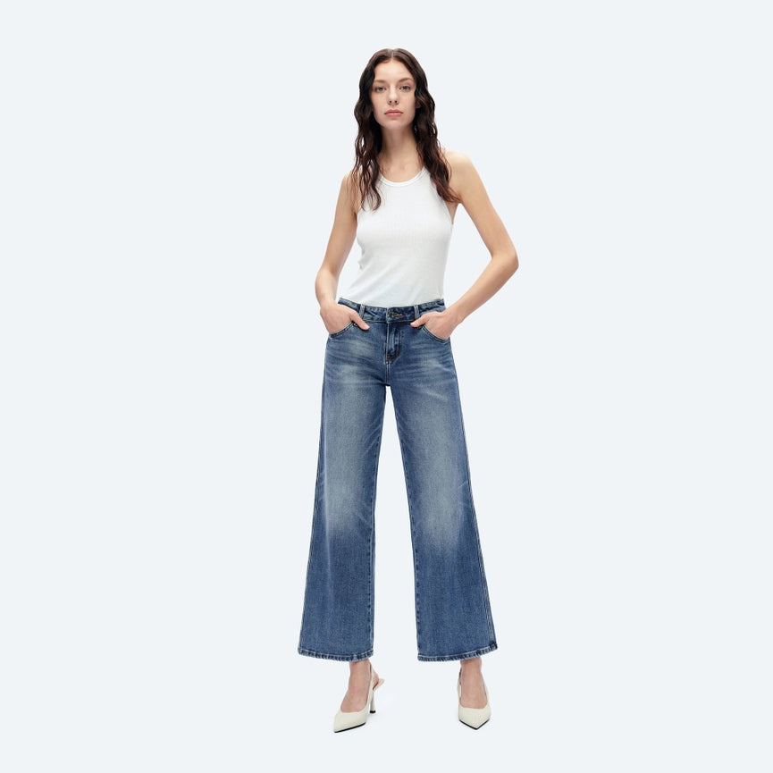 Mid Rise Relaxed Straight Jeans with Finished Hem CHILLY BLUE-Jeans-BAYEAS-26-CHILLY BLUE-Urbanheer