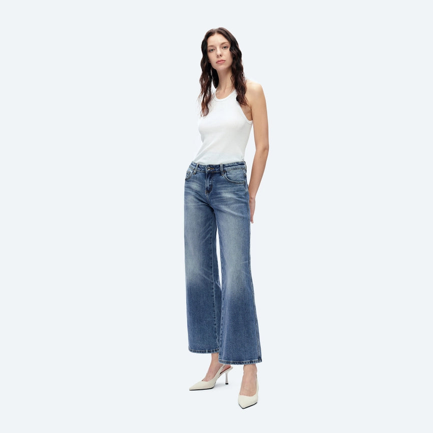 Mid Rise Relaxed Straight Jeans with Finished Hem CHILLY BLUE-Jeans-BAYEAS-26-CHILLY BLUE-Urbanheer