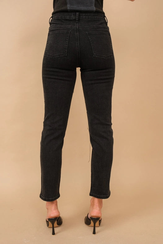 Mid Rise Rhinestone Fringe Denim Jeans BLACK