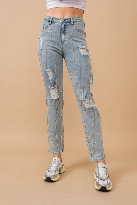 Mid Rise Rhinestone Fringe Denim Jeans Light Wash-Jeans-Blue B-S-LIGHT WASH-Urbanheer