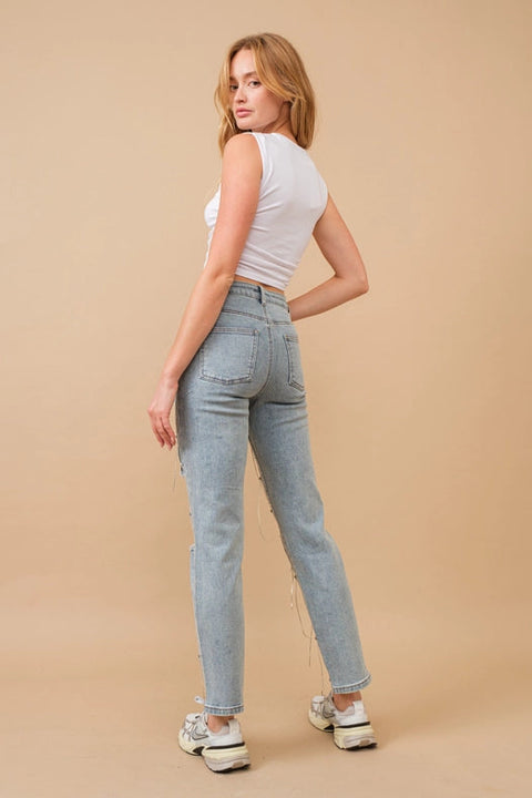 Mid Rise Rhinestone Fringe Denim Jeans Light Wash-Jeans-Blue B-S-LIGHT WASH-Urbanheer