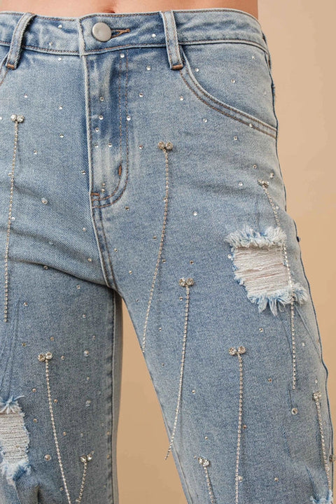 Mid Rise Rhinestone Fringe Denim Jeans Light Wash-Jeans-Blue B-S-LIGHT WASH-Urbanheer