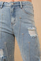 Mid Rise Rhinestone Fringe Denim Jeans Light Wash-Jeans-Blue B-S-LIGHT WASH-Urbanheer