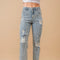 Mid Rise Rhinestone Fringe Denim Jeans Light Wash-Jeans-Blue B-S-LIGHT WASH-Urbanheer