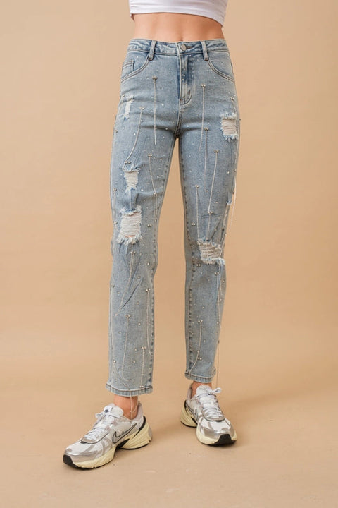 Mid Rise Rhinestone Fringe Denim Jeans Light Wash-Jeans-Blue B-S-LIGHT WASH-Urbanheer