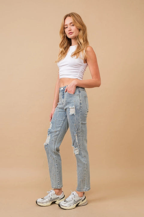 Mid Rise Rhinestone Fringe Denim Jeans Light Wash-Jeans-Blue B-S-LIGHT WASH-Urbanheer