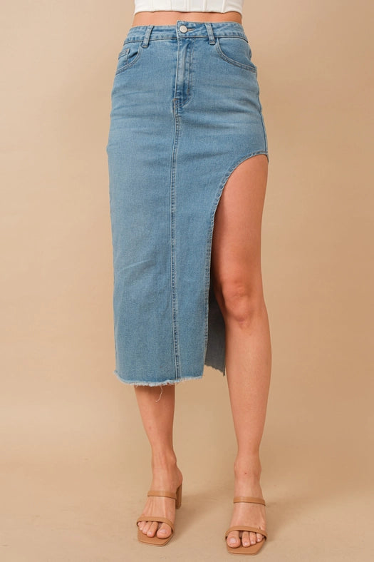 Mid Rise Side Cut Out Frayed Edge Midi Denim Skirt MED WASH-Skirt-Blue B-S-Urbanheer