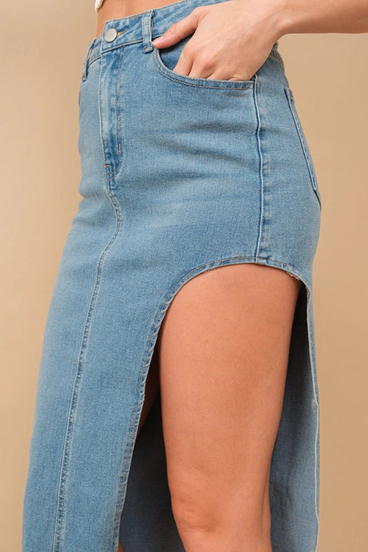 Mid Rise Side Cut Out Frayed Edge Midi Denim Skirt MED WASH-Skirt-Blue B-S-Urbanheer