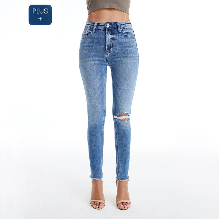 Mid Rise Skinny Jeans with Raw Hem DARK BLUE-Jeans-BAYEAS-14w-DARK BLUE-Urbanheer