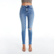 Mid Rise Skinny Jeans with Raw Hem DARK BLUE-Jeans-BAYEAS-24-DARK BLUE-Urbanheer