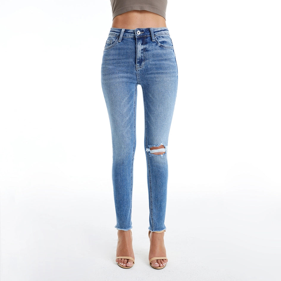 Mid Rise Skinny Jeans with Raw Hem DARK BLUE-Jeans-BAYEAS-24-DARK BLUE-Urbanheer