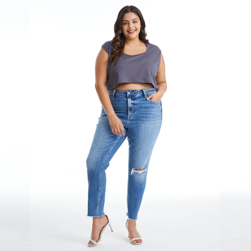 Mid Rise Skinny Jeans with Raw Hem DARK BLUE-Jeans-BAYEAS-14w-DARK BLUE-Urbanheer