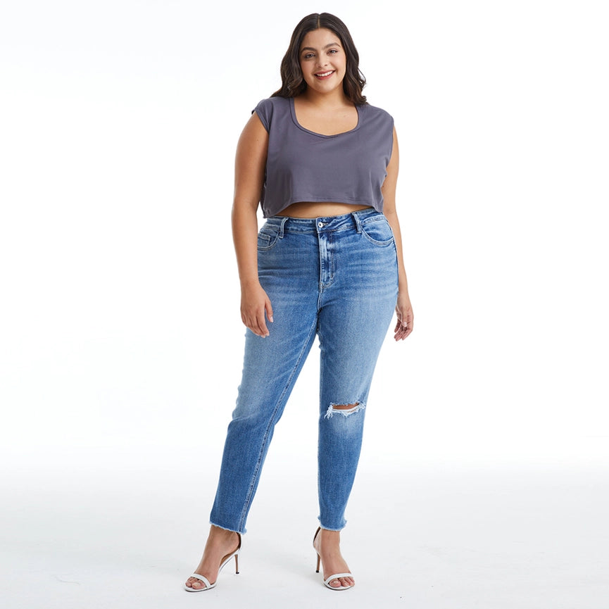 Mid Rise Skinny Jeans with Raw Hem DARK BLUE-Jeans-BAYEAS-14w-DARK BLUE-Urbanheer