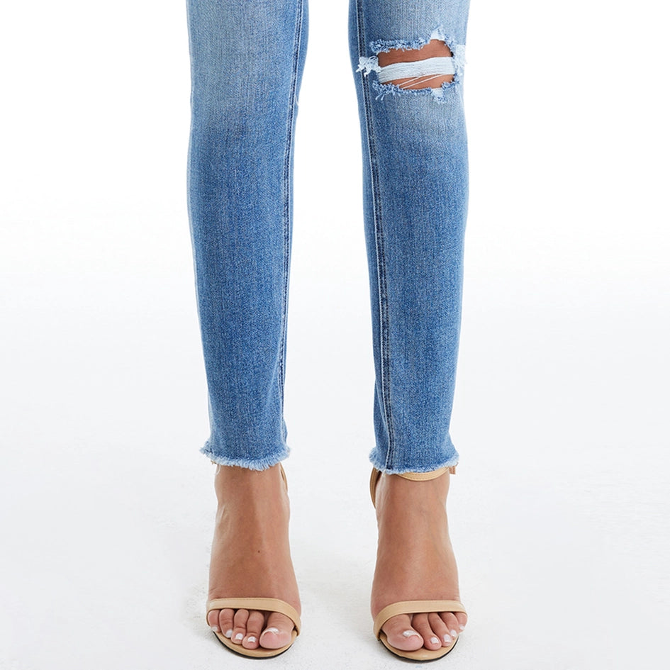 Mid Rise Skinny Jeans with Raw Hem DARK BLUE-Jeans-BAYEAS-24-DARK BLUE-Urbanheer