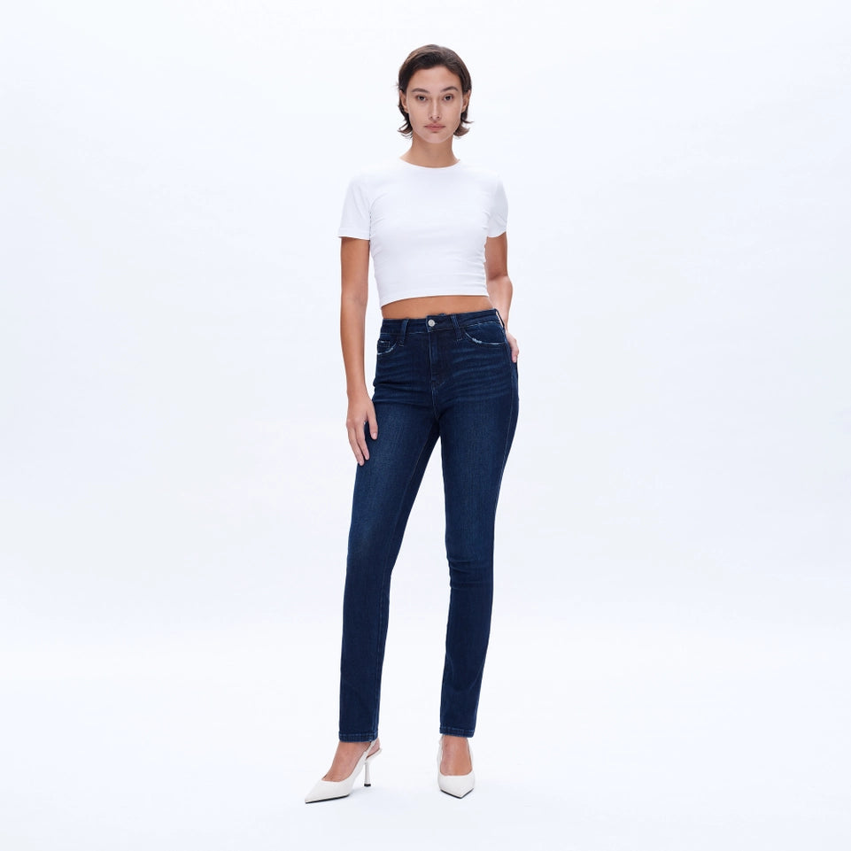 Mid Rise Slim Straight Jeans with Finished Hem DEEP SEA-Jeans-BAYEAS-24-DEEP SEA-Urbanheer