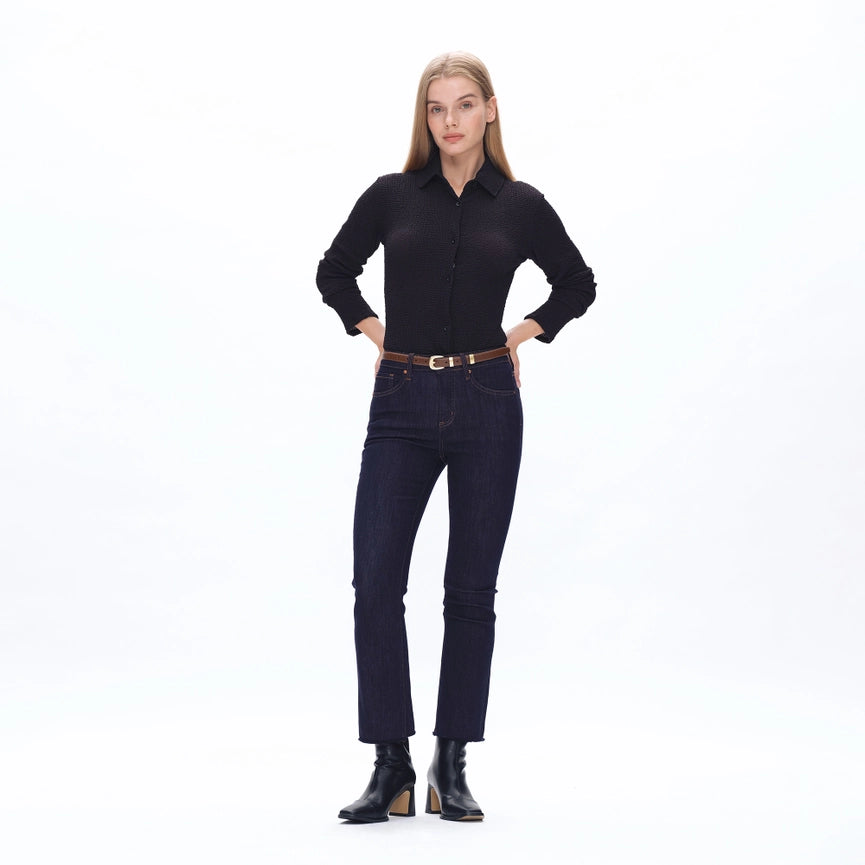 Mid Rise Straight Jeans with Raw Hem DARK BLUE-Jeans-BAYEAS-24-DARK BLUE-Urbanheer