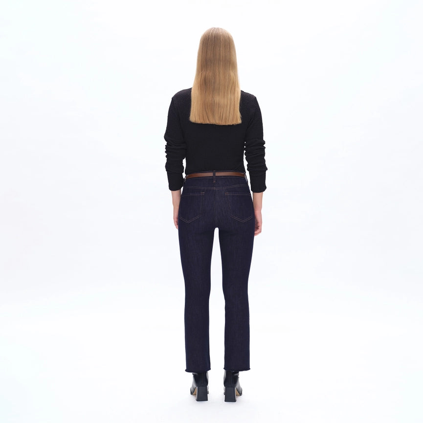 Mid Rise Straight Jeans with Raw Hem DARK BLUE-Jeans-BAYEAS-24-DARK BLUE-Urbanheer