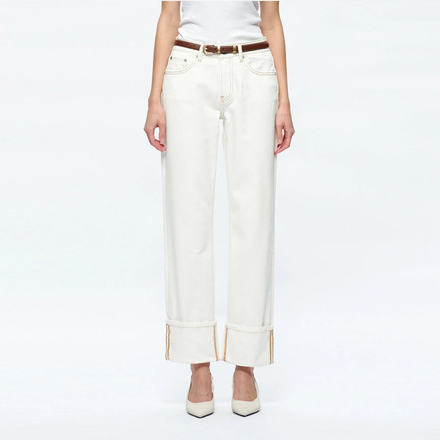 Mid Rise Straight Twill Trousers with Rolled Hem-Jeans-BAYEAS-24-CREAM-Urbanheer