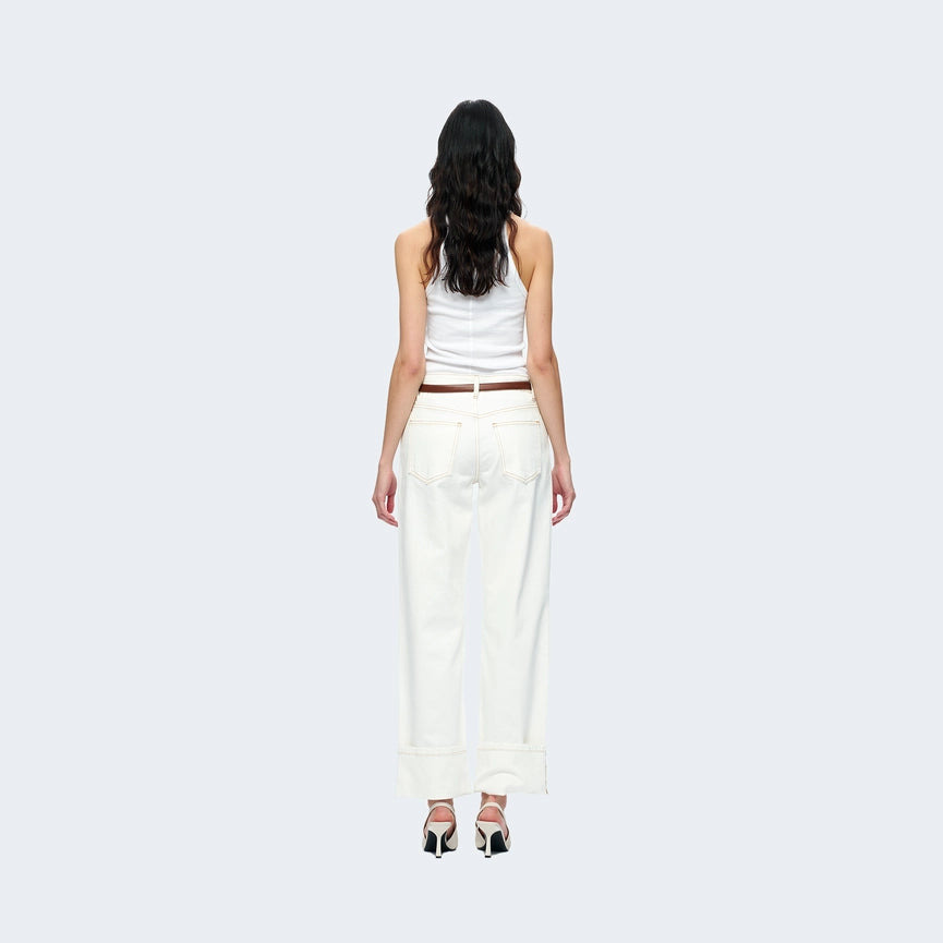 Mid Rise Straight Twill Trousers with Rolled Hem-Jeans-BAYEAS-24-CREAM-Urbanheer