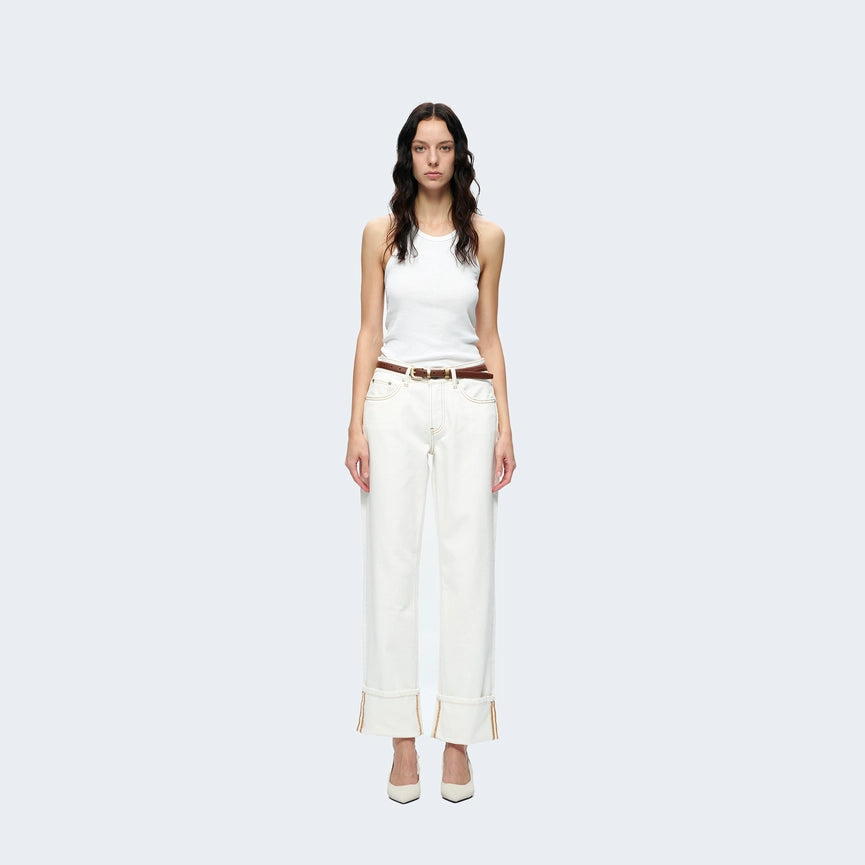Mid Rise Straight Twill Trousers with Rolled Hem-Jeans-BAYEAS-24-CREAM-Urbanheer